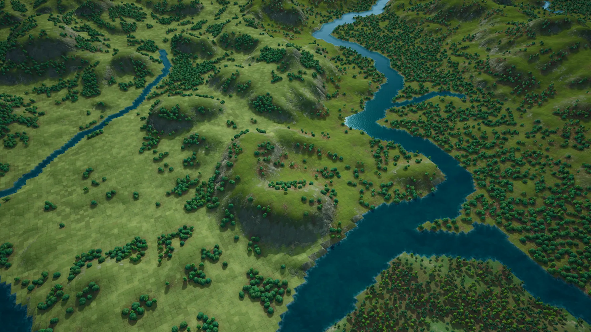 A wide river valley in County of Fortune, with forests, hills and settlement sites