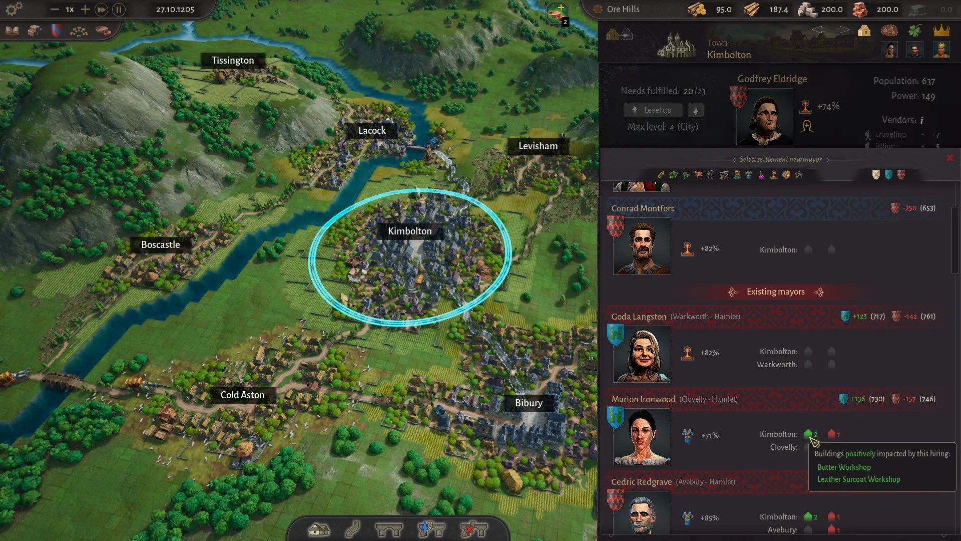 The mayor selection screen in County of Fortune with production bonuses and existing mayors