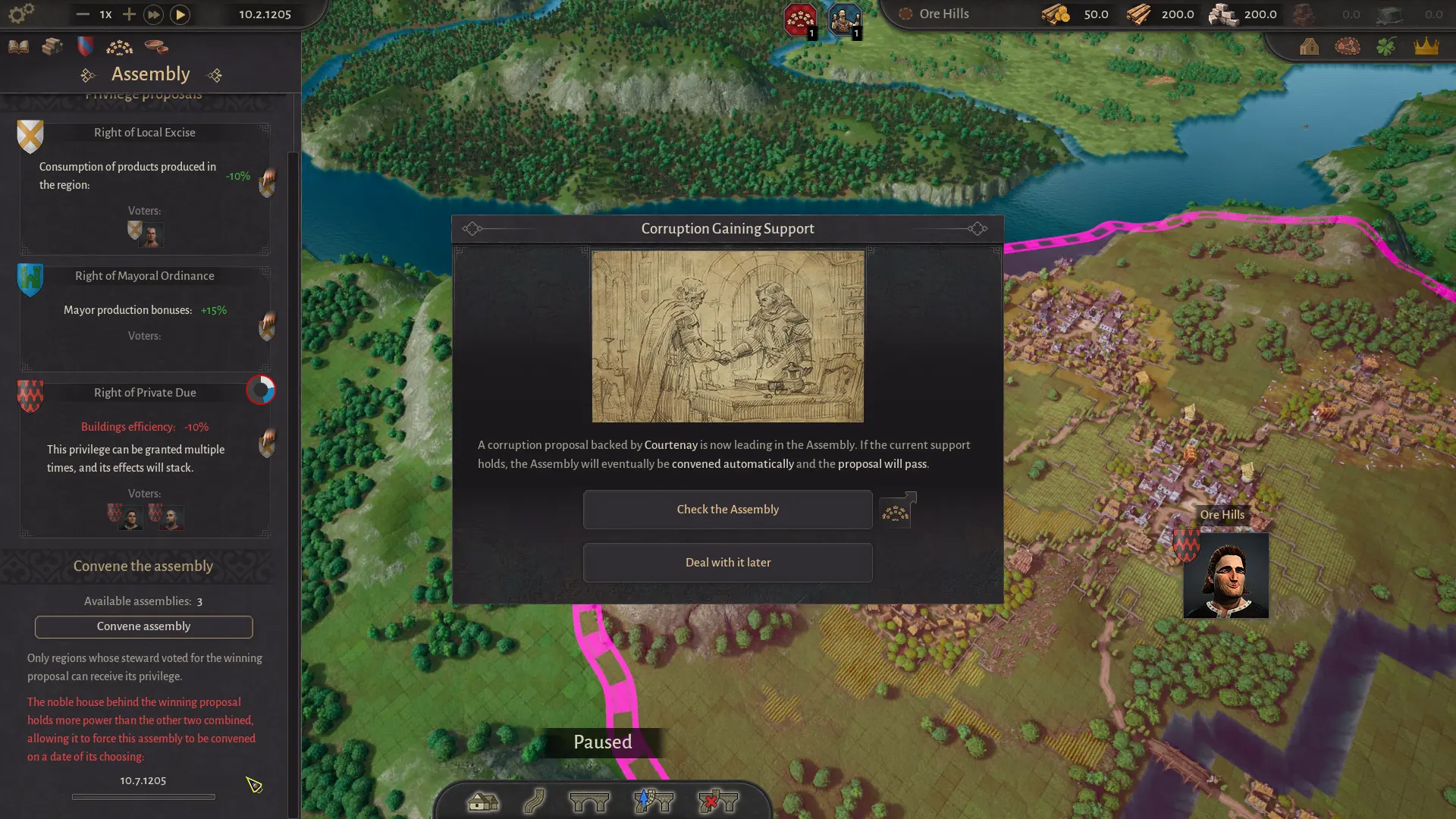 An Assembly privilege proposal in County of Fortune with voting noble houses