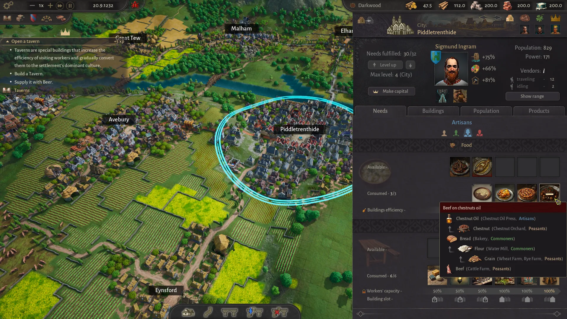 A developed county in County of Fortune with farms and a large town