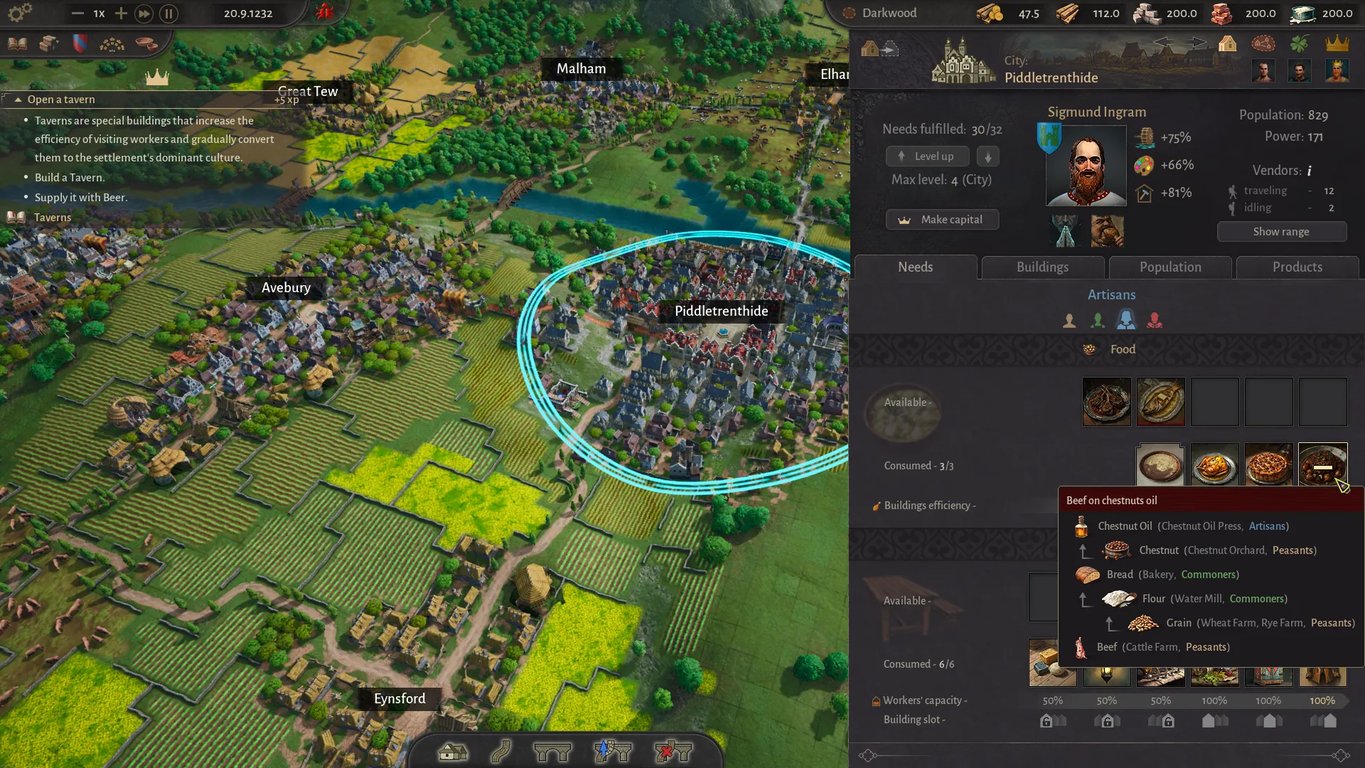 A developed County of Fortune city with its mayor, needs and artisan production panel open