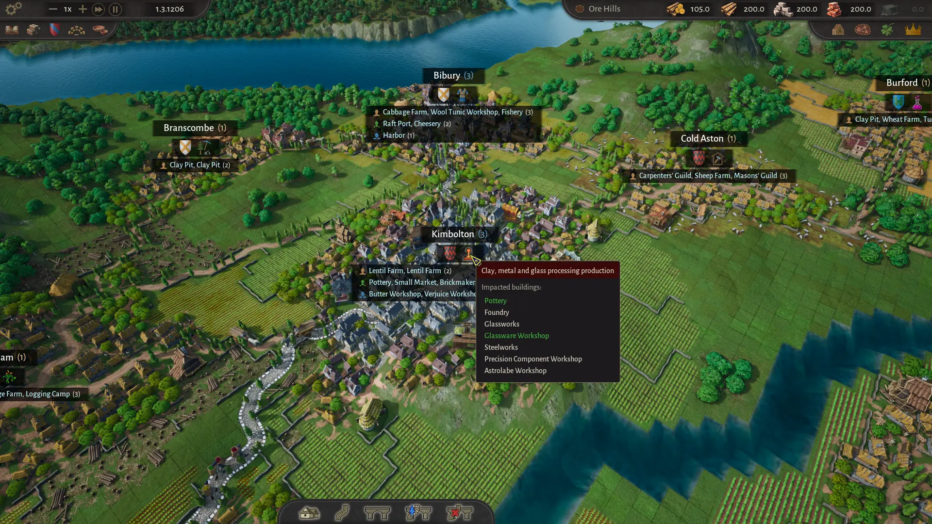 County of Fortune settlement tooltips showing farms, workshops and production buildings