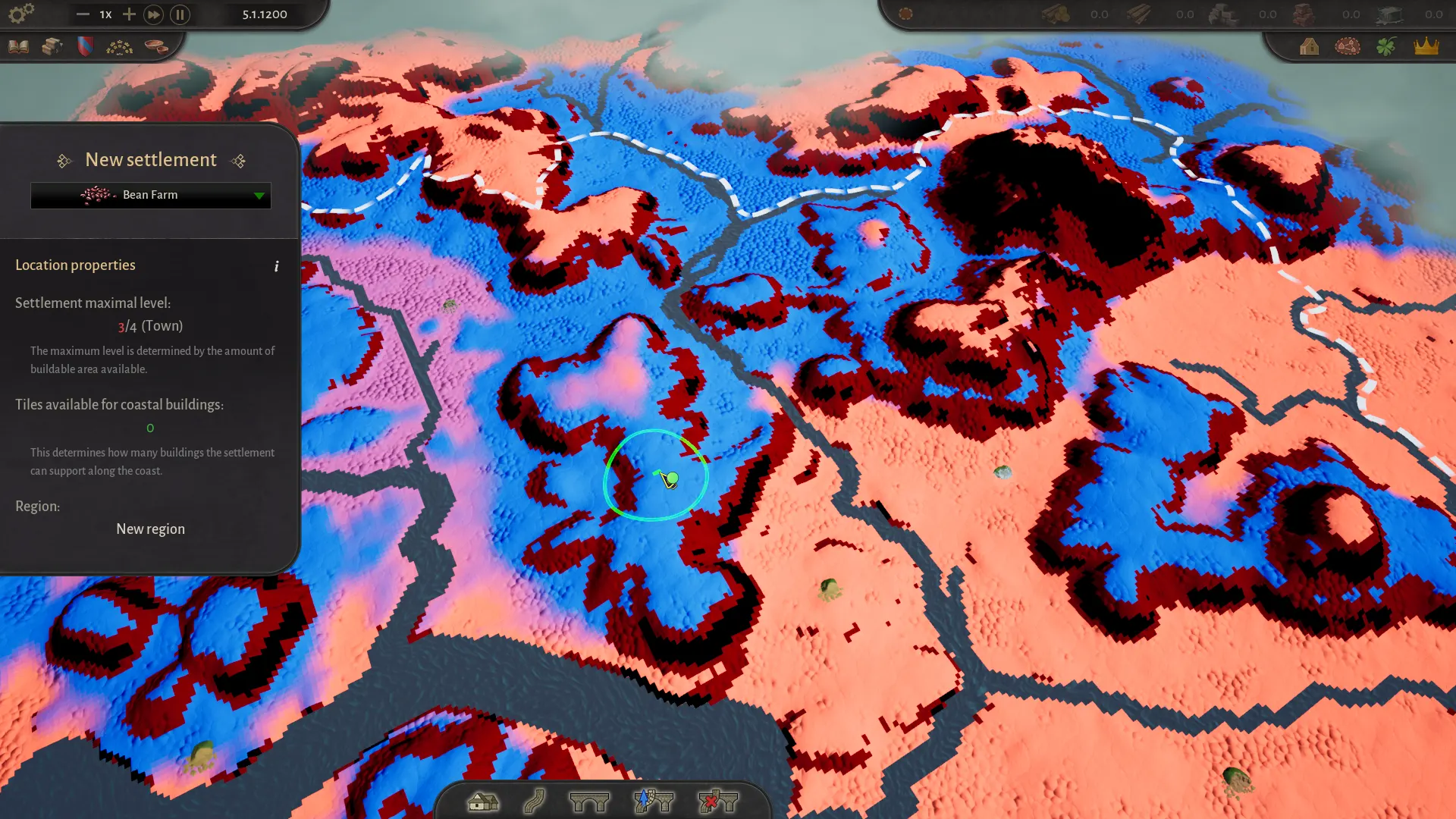 A settlement placement heat map in County of Fortune showing terrain and coastline suitability